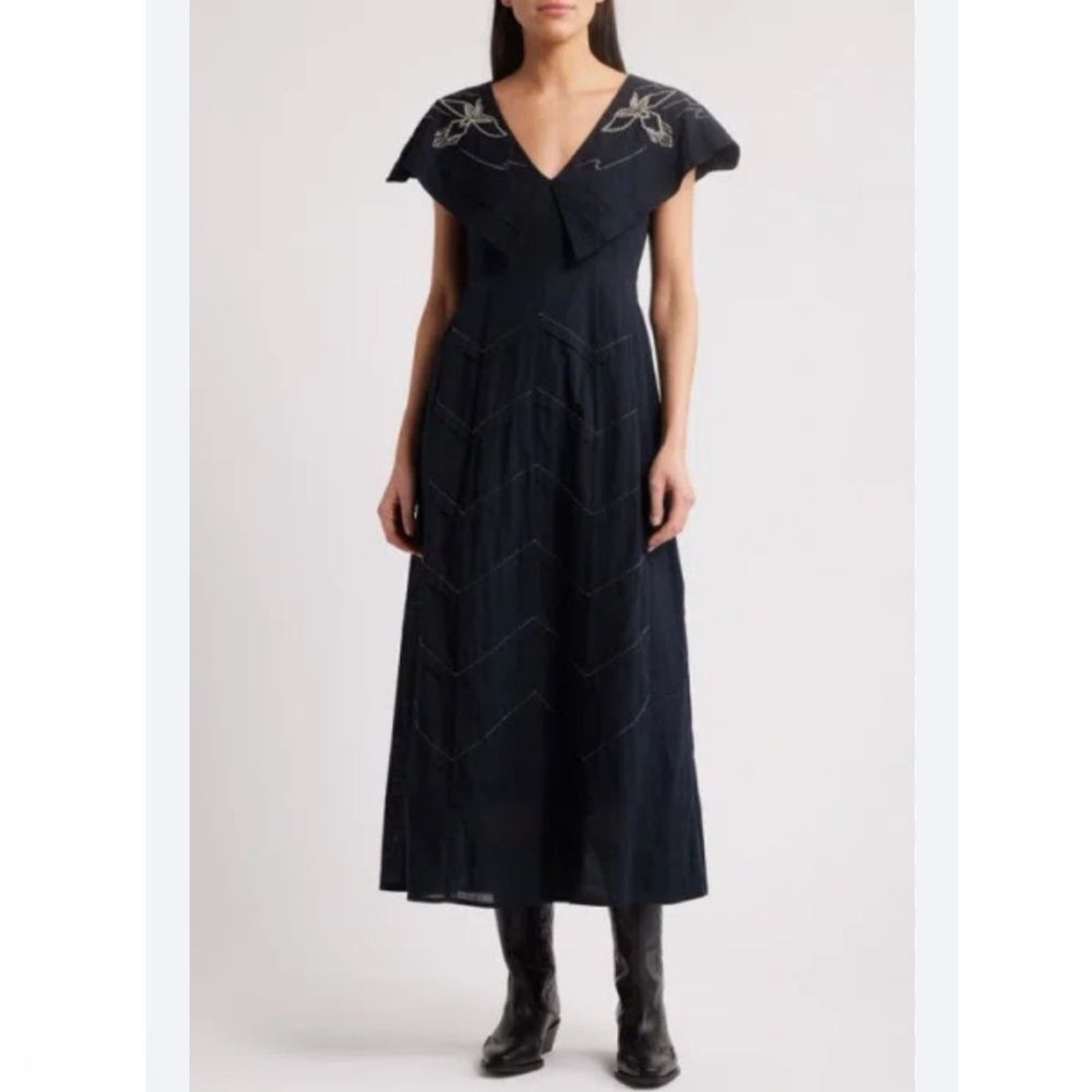 THE GREAT Beaded Partridge Black/Navy Blue Embellished Bird Midi Dress Size XS - Picture 2 of 14